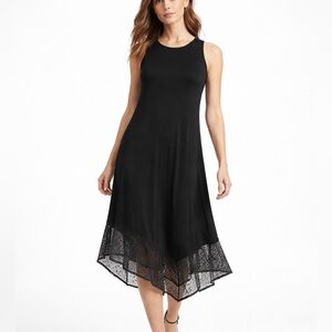 Eileen Fisher L Black Viscose Jersey Dress Sleeveless Sheer Textured Mesh Hem